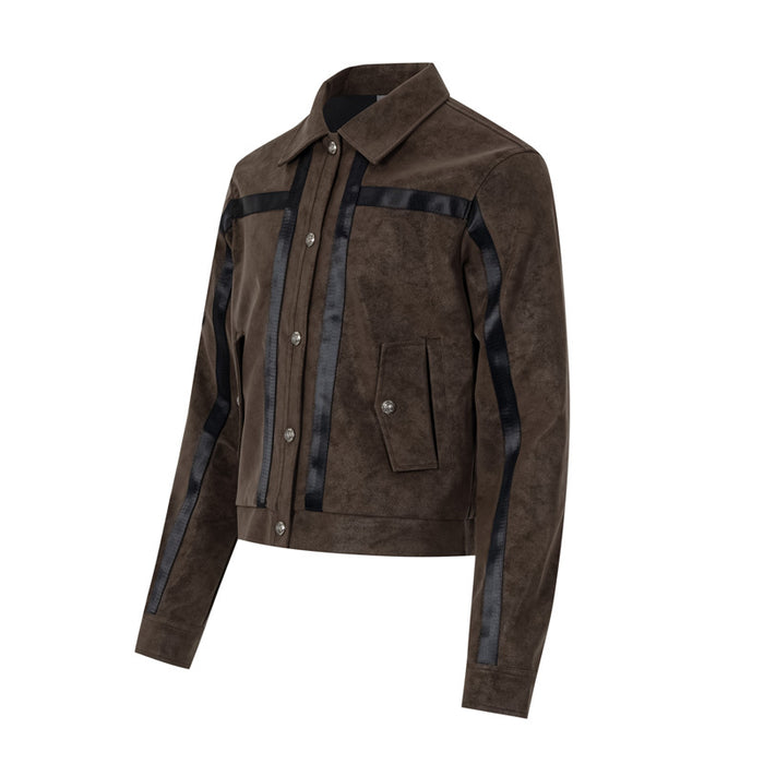 Brown suede-texture bomber jacket in an angled front view with black satin-look stripes and flap pockets