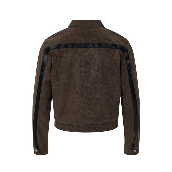 Brown suede-texture bomber jacket shown from the back with black shoulder and sleeve stripes
