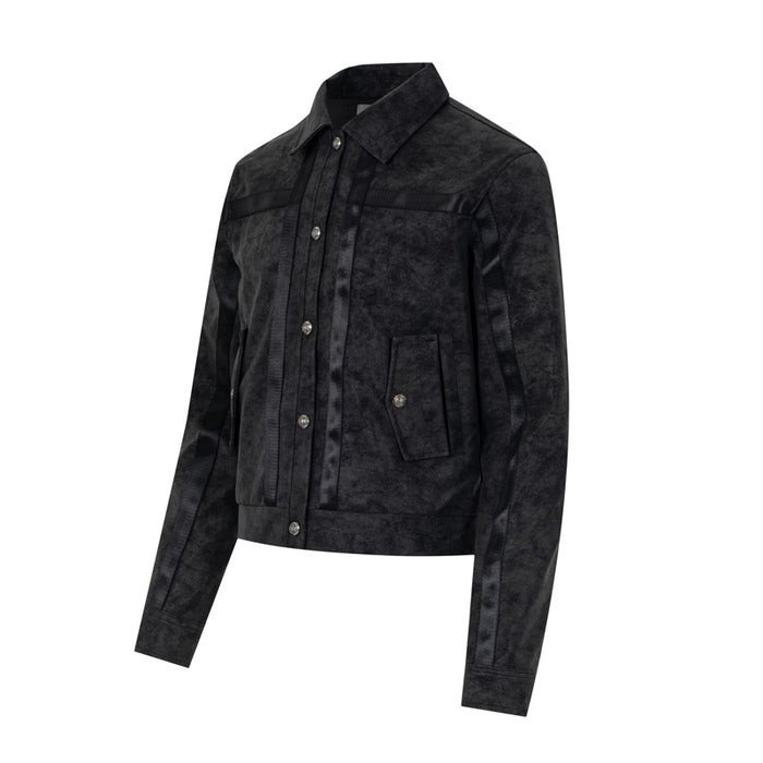 Black suede-texture bomber jacket in an angled front view with black stripe detailing and a flap pocket