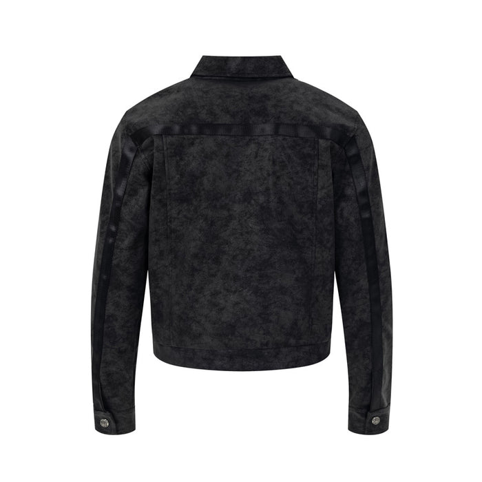 Black suede-texture bomber jacket shown from the back with matching dark stripes along the shoulders and sleeves