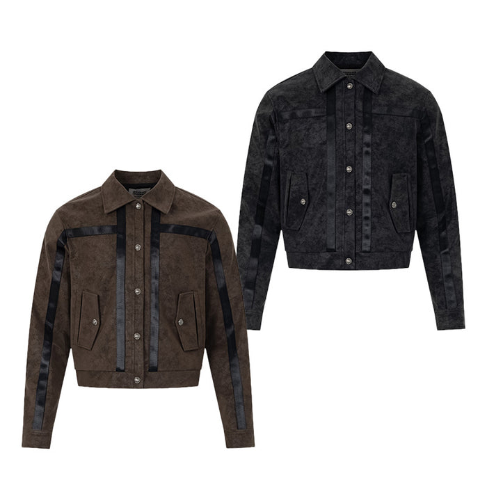 Brown and black suede-texture bomber jackets displayed separately in front views with striped detailing