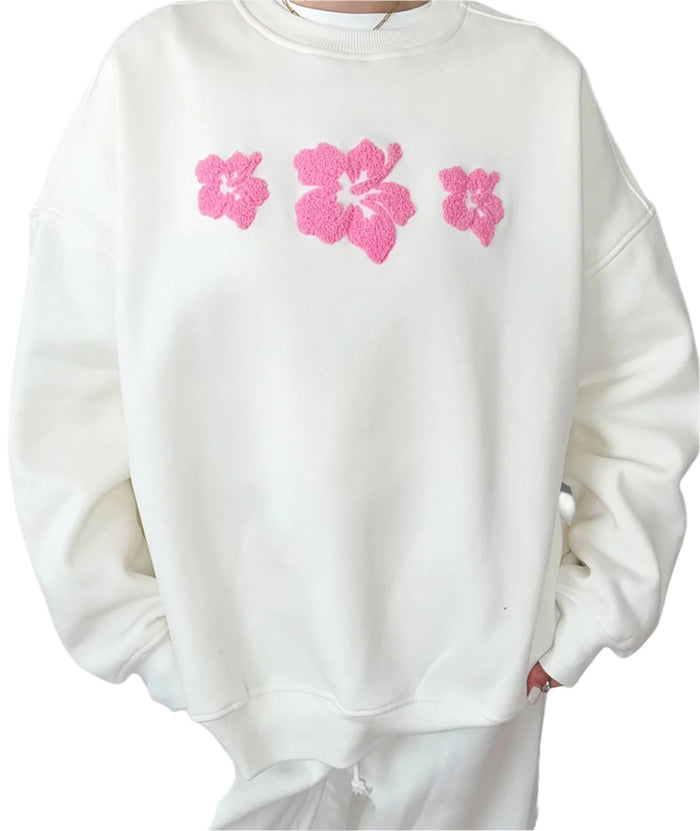 Sunkissed Coconut Juniors Hibiscus Flower Sweatshirt Ivory Distressed/seasonal womens Sunkissed Coconut Ivory Juniors/Women XS