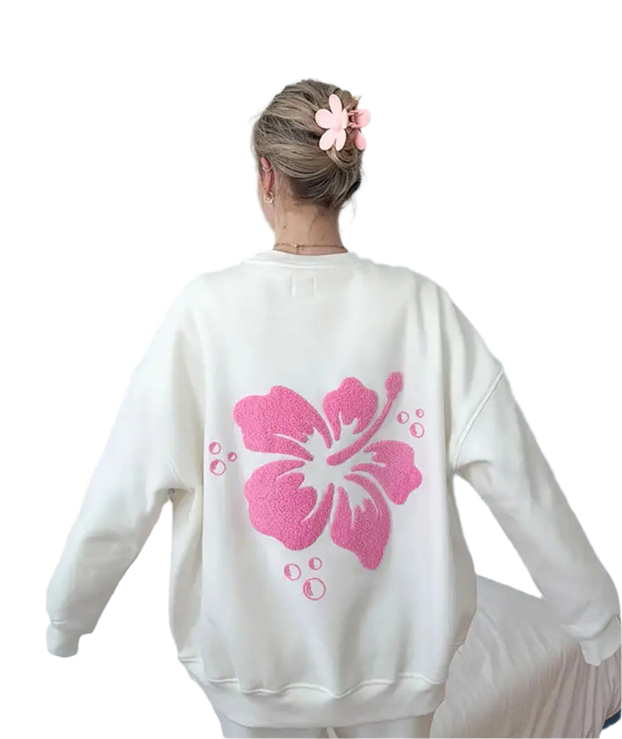 Sunkissed Coconut Juniors Hibiscus Flower Sweatshirt Ivory Distressed/seasonal womens Sunkissed Coconut