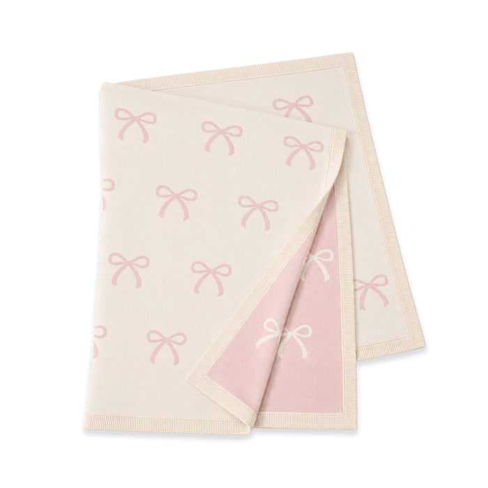 Sweet Bow - Reversible Jacquard Sweater Knit Baby Blanket Organic Cotton - Natural, Folded