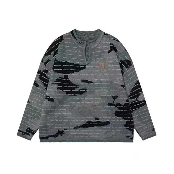 Grey and black all-over camo jacquard knit pullover sweater with open-knit mesh neckline and woven chest patch