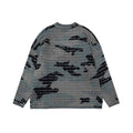 Gray camo jacquard knit pullover sweater laid flat, front view