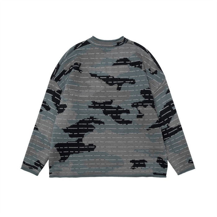 Gray camo jacquard knit pullover sweater laid flat, front view