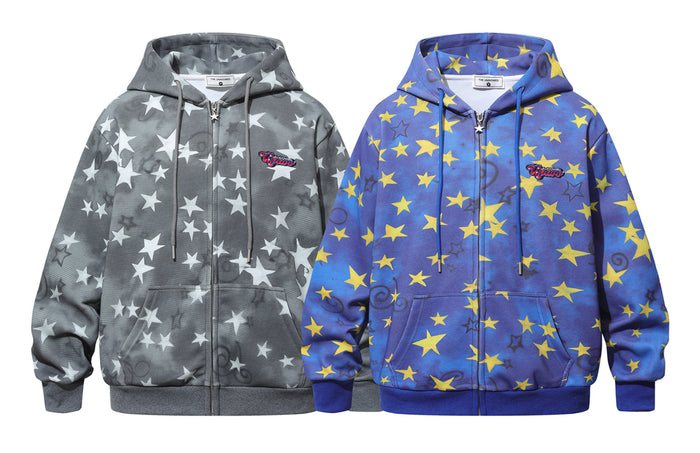 Oversized zip-up hoodie with allover scattered star print and embroidered script logo, shown in blue-yellow and grey-white co