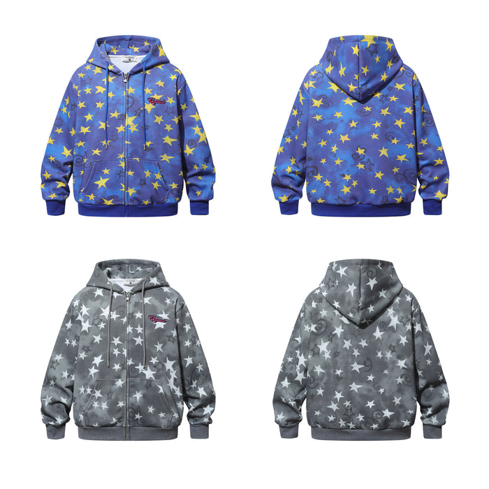 Star-print zip-up hoodies shown front and back in blue and gray color options