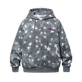 Gray zip-up hoodie with white star print, drawstring hood, front pockets, and embroidered script logo