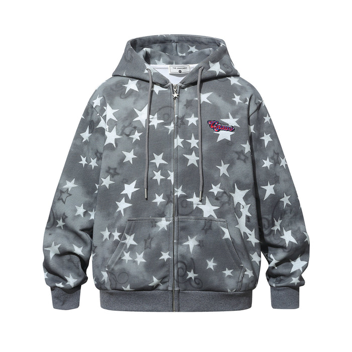 Gray zip-up hoodie with white star print, drawstring hood, front pockets, and embroidered script logo