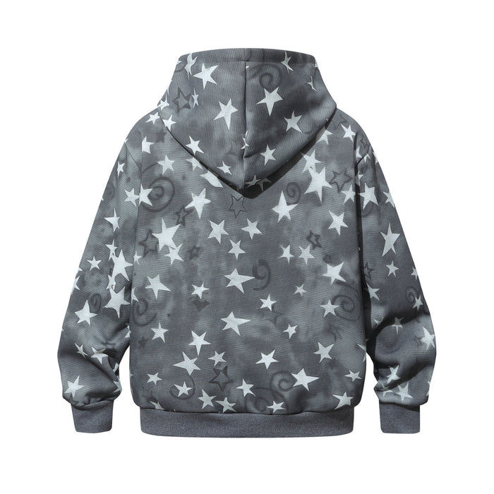 Back view of gray zip-up hoodie covered in white stars and a subtle dark swirl pattern
