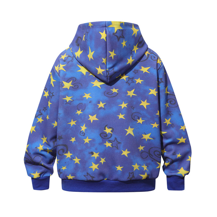 Back view of blue zip-up hoodie with yellow star print and subtle dark swirl accents