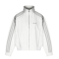 Men's white three-stripe mock neck zip-up track jacket with grey stripe tape detail and ribbed hem