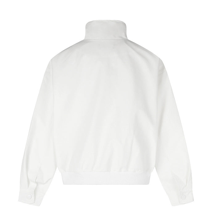 White mock neck track jacket shown from the back with long sleeves, buttoned cuffs, and ribbed hem