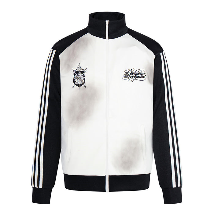 Men's white and black three-stripe raglan mock-neck track jacket with smoke-dye wash and embroidered chest graphics