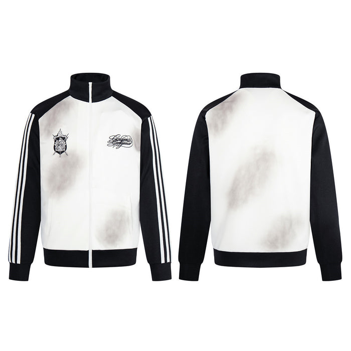 White and black smoke-dyed track jacket showing front and back views, three sleeve stripes, mock neck and chest graphics