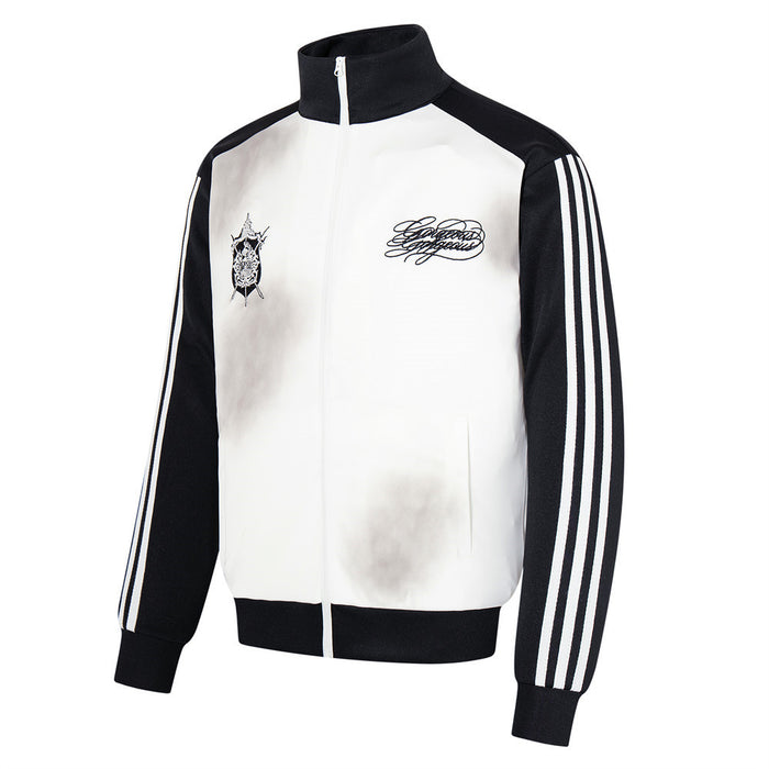Three-quarter front view of a white and black smoke-dyed track jacket with striped sleeves, zip front and chest graphics
