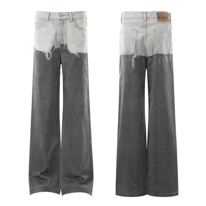 Two-tone contrast wash wide-leg jeans with bleached light grey upper body and dark charcoal lower leg, front and back view