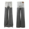 Two-tone contrast wash wide-leg jeans with bleached light grey upper body and dark charcoal lower leg, front and back view