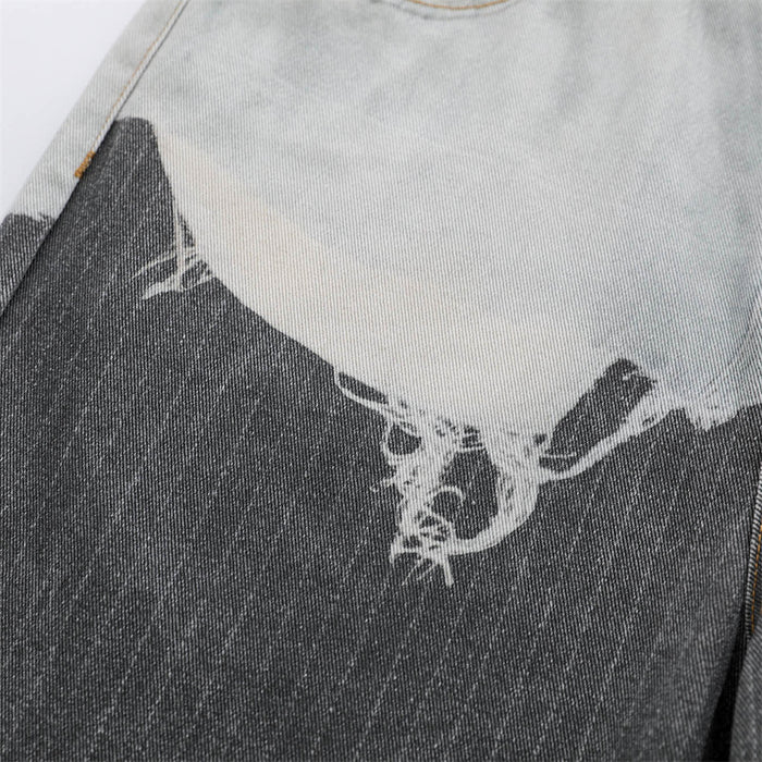 Close-up of contrast wash seam on distressed denim with frayed paint-like edge detail