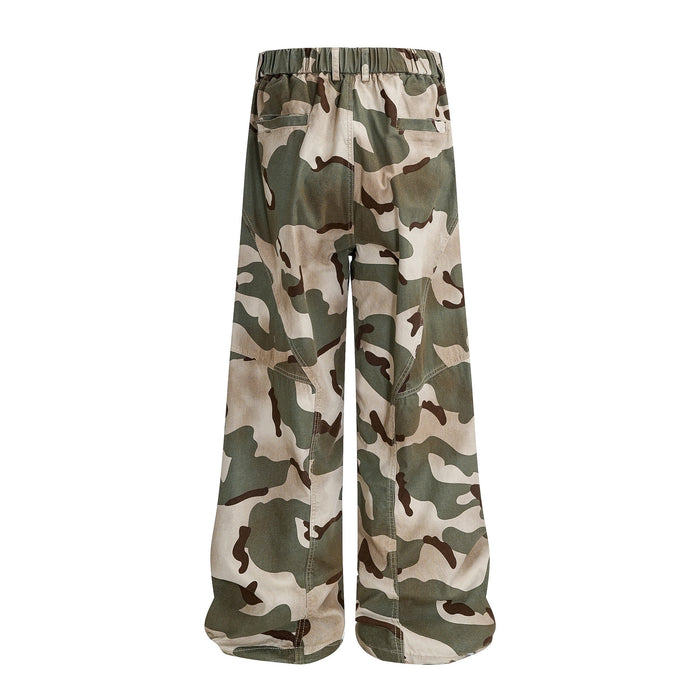 Wide-leg camouflage pants with elastic waistband, side pockets, and loose straight legs