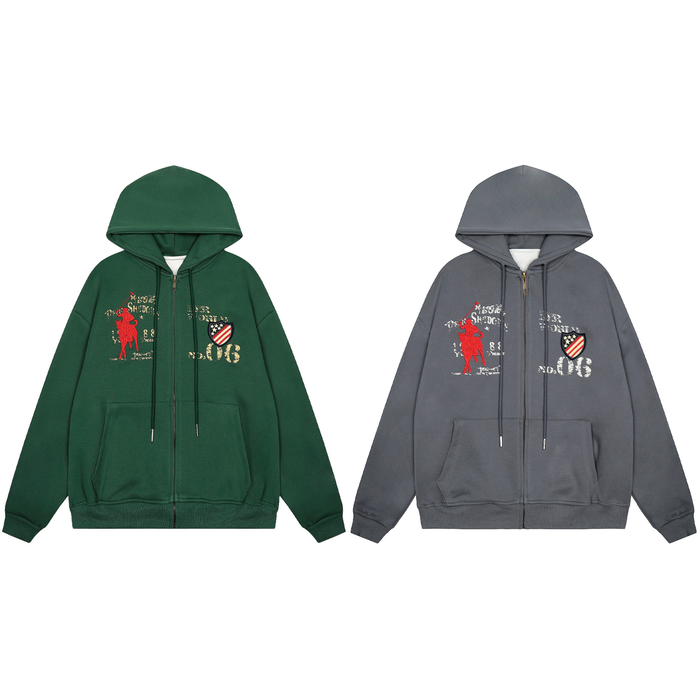 Oversized green zip-up hoodie with red polo rider embroidery, American shield badge patch, and distressed No. 06 graphic prin