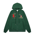 Dark green zip-up hoodie with varsity-style chest graphics, front view