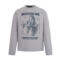 Grey waffle-knit long sleeve t-shirt with Sovereign Soul distressed graphic print featuring a woman, butterflies, and crossha
