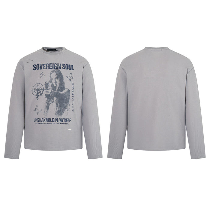 Light gray waffle knit long sleeve T-shirt shown front and back with Sovereign Soul graphic