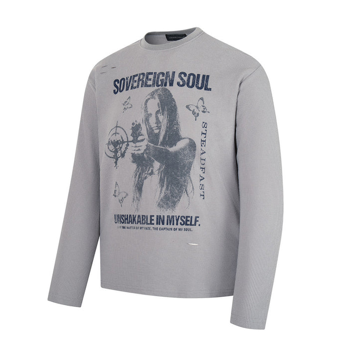 Light gray waffle knit long sleeve T-shirt front view with Sovereign Soul graphic print