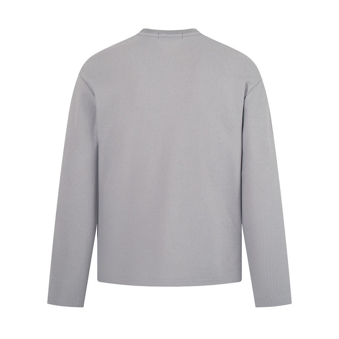Light gray waffle knit long sleeve T-shirt back view with plain textured finish