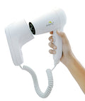 Wall mounted hair dryer in white with handle and coiled hose