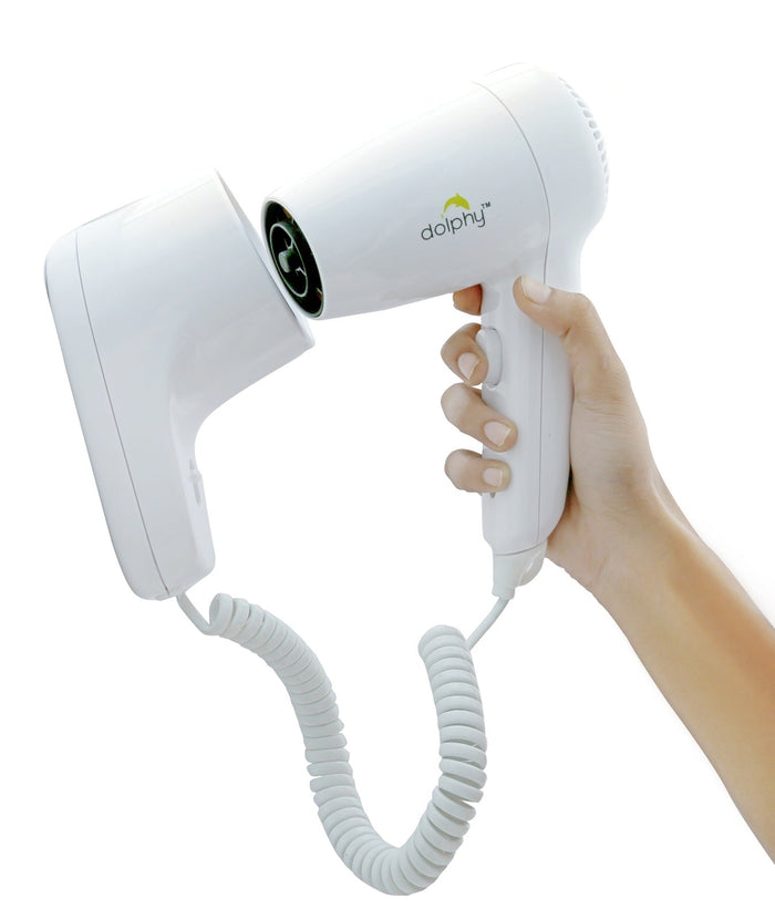 Wall mounted hair dryer in white with handle and coiled hose
