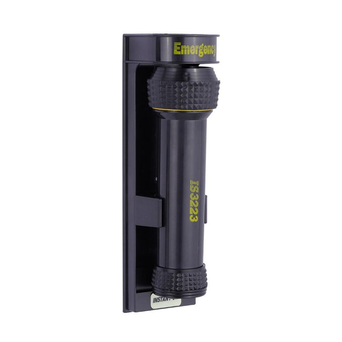 Wall mounted emergency torch in black sitting in its charging cradle