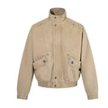 Washed khaki bomber jacket with stand collar, snap-button placket, and oversized flap cargo pockets, shown front and back
