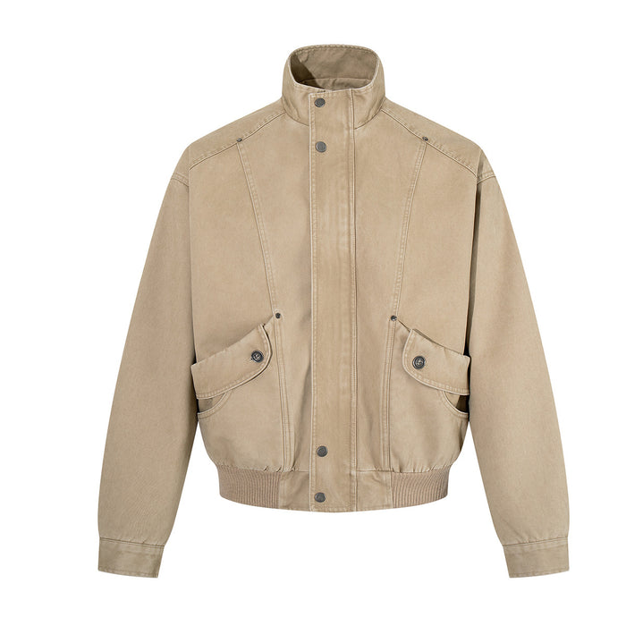 Washed khaki bomber jacket with stand collar, snap-button placket, and oversized flap cargo pockets, shown front and back