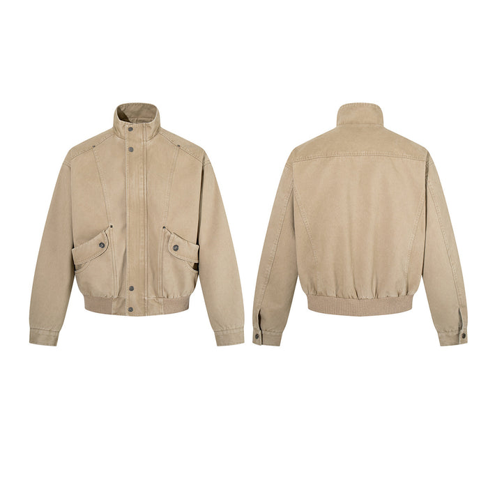 Washed khaki bomber jacket shown from the front and back, featuring a stand collar, snap-front closure and flap cargo pockets