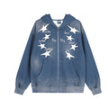 Oversized washed blue zip up hoodie with white four-pointed star print and handwritten script lettering on the front