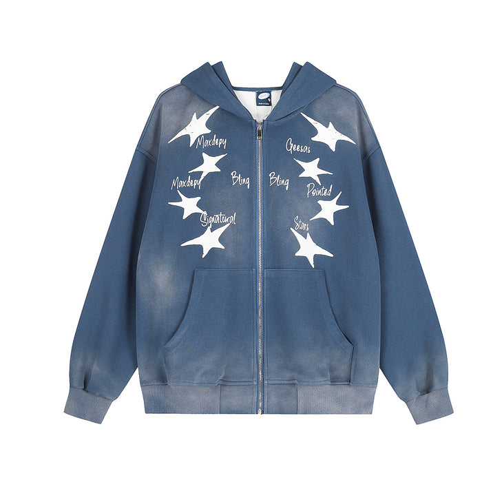 Oversized washed blue zip up hoodie with white four-pointed star print and handwritten script lettering on the front