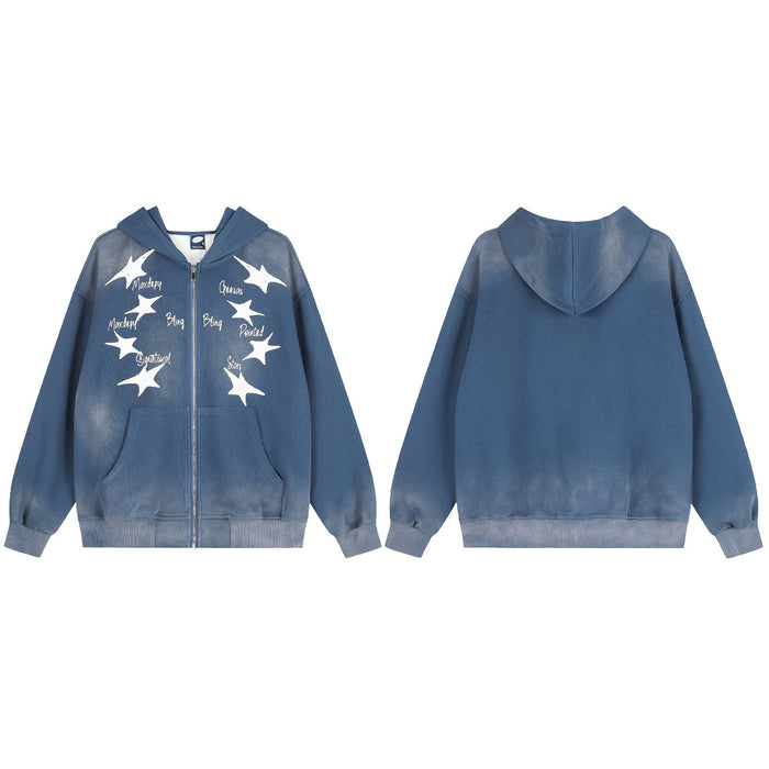 Blue zip-up hoodie shown from the front with white star graphics and from the plain back