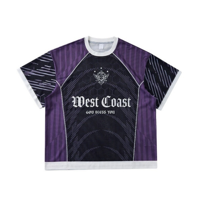 Purple and black mesh soccer jersey with gothic West Coast lettering and white trim on a plain background