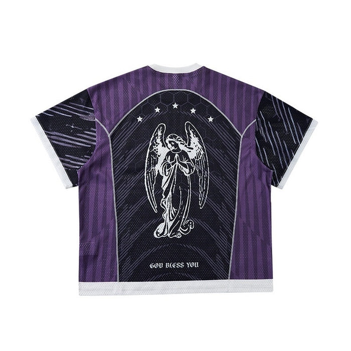 Purple gothic mesh soccer jersey with praying angel graphic, black panels, and white trim on the back