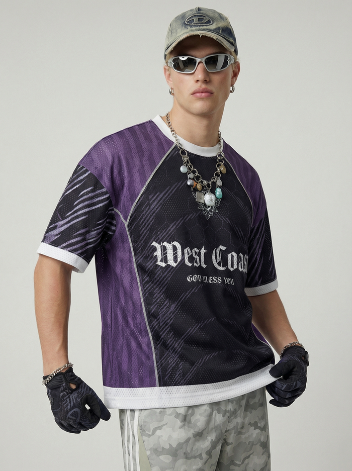 Purple and black mesh soccer jersey with gothic West Coast graphic, styled with camo pants and accessories