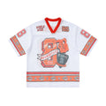 Omirad Legend 88 white mesh jersey t-shirt with varsity graphics, red contrast trim, and paisley stripe detailing on sleeves