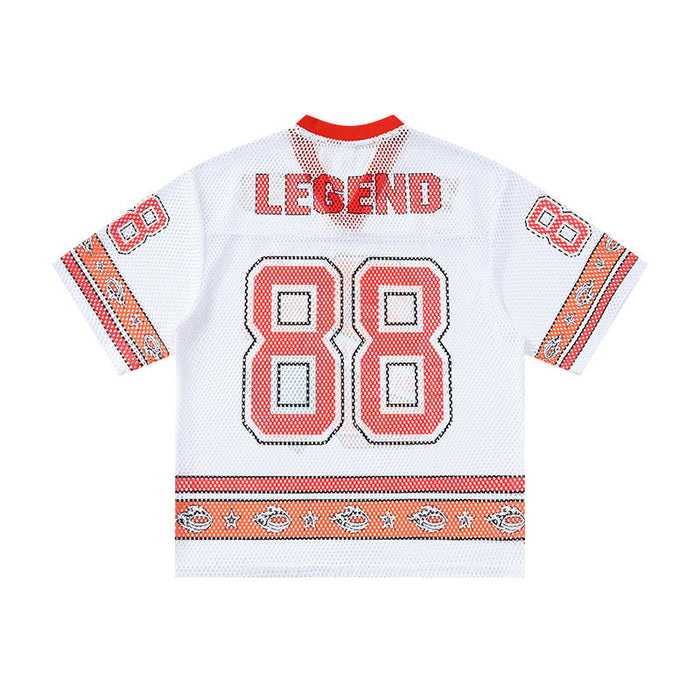 White mesh varsity jersey with red trim, Legend 88 graphic, and orange patterned sleeve and hem details