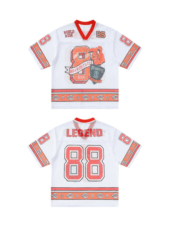 White mesh varsity jersey T-shirt with orange trim, Legend 88 graphic, and bold streetwear details