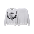 White knit sweater with large gothic cross and abstract ink graphic print on the front, shown front and back