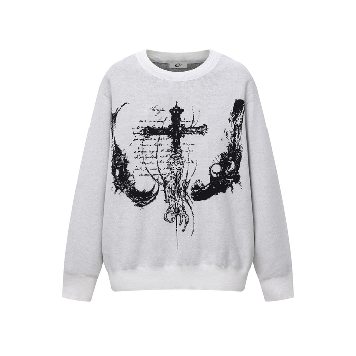White knit sweater with black cross graphic on the front, crew neck and long sleeves