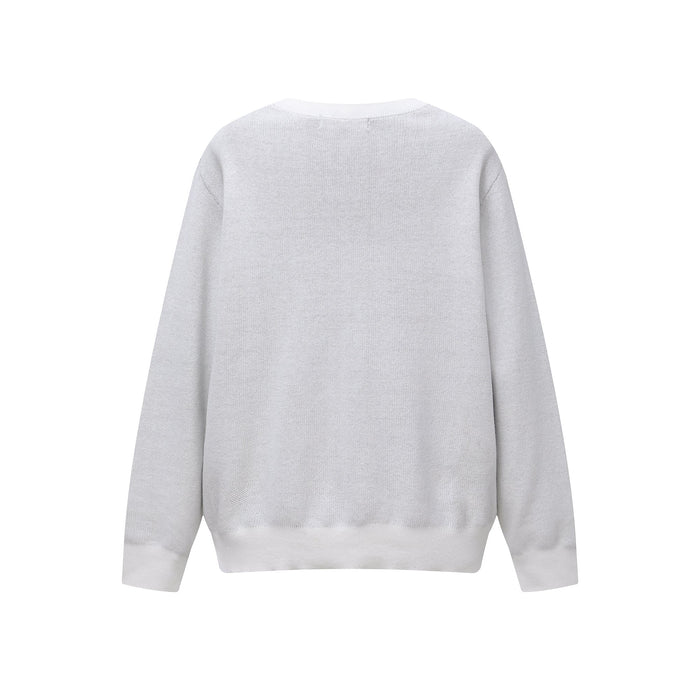 Back view of white knit sweater with plain solid design and crew neck